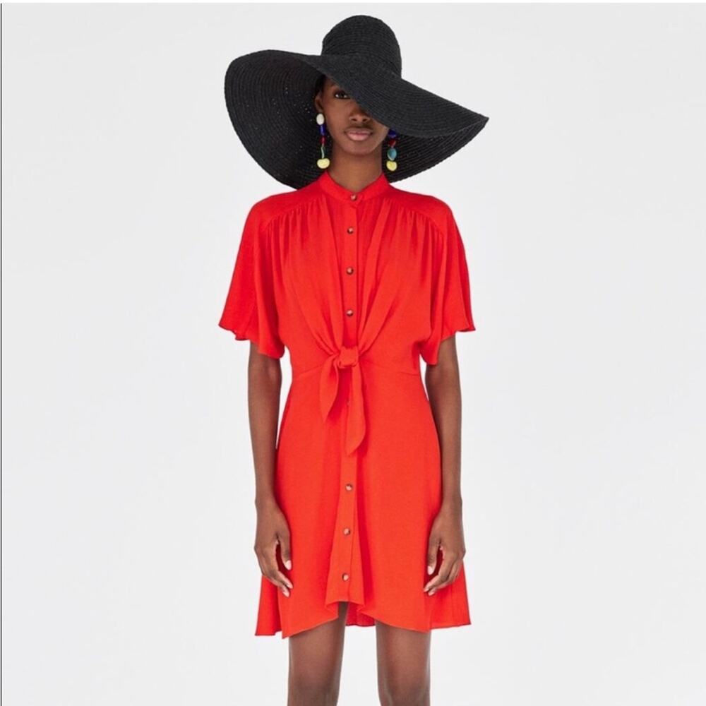 Zara Reddish Orange Short Sleeve Button Down Tie Mini Dress Size‎ XS